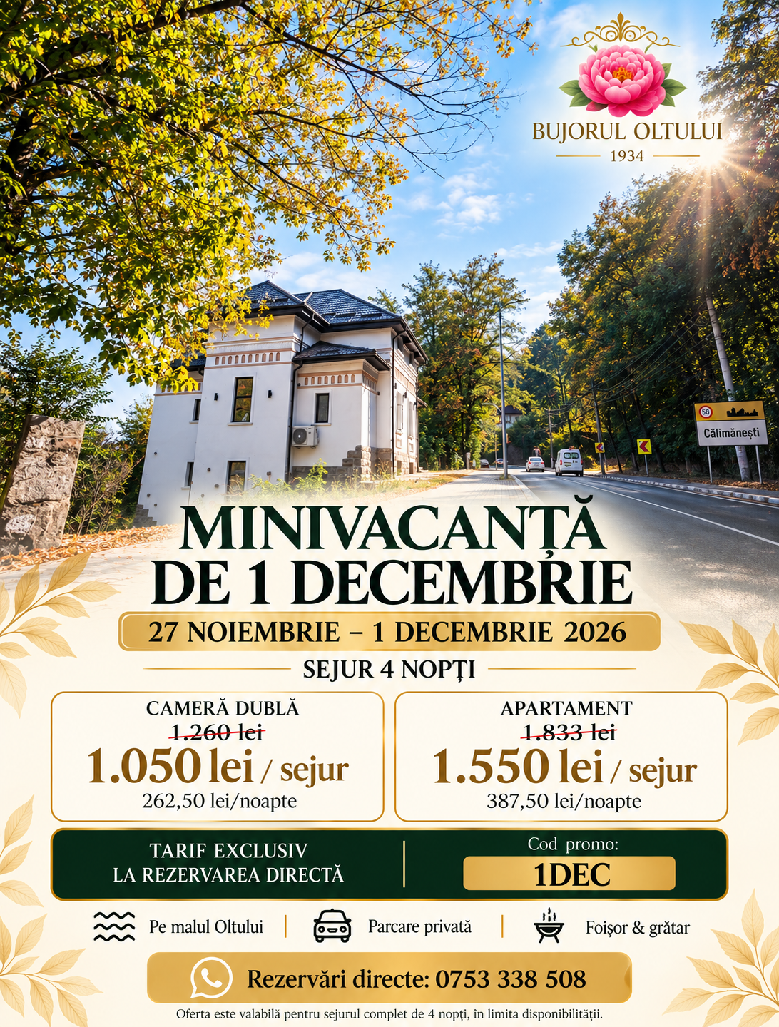 Ofertă 1 Decembrie – cazare în Călimănești-Căciulata la Bujorul Oltului